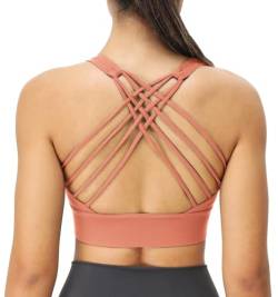 icyzone Damen Sport-BH Gepolstert Ohne Bügel Yoga Bra Gekreuzt Rücken Sport Gym Fitness BH (Copper Brown, XL) von icyzone