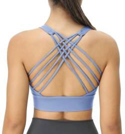 icyzone Damen Sport-BH Gepolstert Ohne Bügel Yoga Bra Gekreuzt Rücken Sport Gym Fitness BH (ICY Blue, S) von icyzone