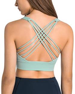 icyzone Damen Sport-BH Gepolstert Ohne Bügel Yoga Bra Gekreuzt Rücken Sport Gym Fitness BH (ICY Green, L) von icyzone