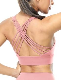 icyzone Damen Sport-BH Gepolstert Ohne Bügel Yoga Bra Gekreuzt Rücken Sport Gym Fitness BH (Light Pink, M) von icyzone