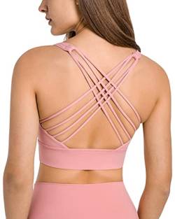 icyzone Damen Sport-BH Gepolstert Ohne Bügel Yoga Bra Gekreuzt Rücken Sport Gym Fitness BH (Light Pink, XL) von icyzone