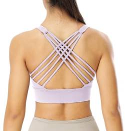 icyzone Damen Sport-BH Gepolstert Ohne Bügel Yoga Bra Gekreuzt Rücken Sport Gym Fitness BH (Pale Violet, XL) von icyzone