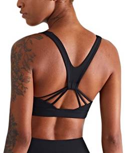 icyzone Damen Sport BH Starker Halt Gepolstert Training Bustier Top Fitness Yoga Bra (S, Black-V Back) von icyzone