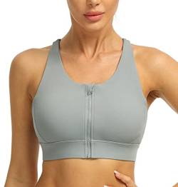 icyzone Damen Sport BH Starker Halt Vorderverschluss Fitness Bustier Gepolstert Ohne Bügel Yoga Bra (S, Grey) von icyzone