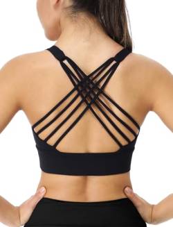 icyzone Damen Sport-BH mit Gepolstert Ohne Bügel Gekreuzt Rücken Gym Fitness Yoga Bra (Black, L) von icyzone