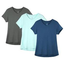 icyzone Damen Sport Fitness T-Shirt Kurzarm V-Ausschnitt Laufshirt Gym Top Funktionsshirt, 3er Pack (L, Dark Grey/True Navy/Aqua) von icyzone