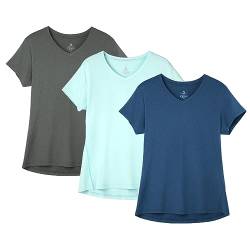 icyzone Damen Sport Fitness T-Shirt Kurzarm V-Ausschnitt Laufshirt Gym Top Funktionsshirt, 3er Pack (M, Dark Grey/True Navy/Aqua) von icyzone