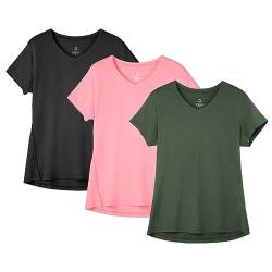 icyzone Damen Sport Fitness T-Shirt Kurzarm V-Ausschnitt Laufshirt Gym Top Funktionsshirt, 3er Pack (M, Solid Black/Pale Pink/Dark Green) von icyzone