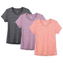 icyzone Damen Sport Fitness T-Shirt Kurzarm V-Ausschnitt Laufshirt Shortsleeve Yoga Top 3er Pack (L, Charcoal/Lavender/Peach) von icyzone