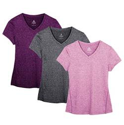 icyzone Damen Sport Fitness T-Shirt Kurzarm V-Ausschnitt Laufshirt Shortsleeve Yoga Top 3er Pack (L, Charcoal/Red Bud/Pink) von icyzone