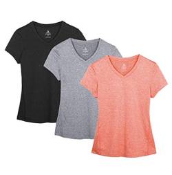 icyzone Damen Sport Fitness T-Shirt Kurzarm V-Ausschnitt Laufshirt Shortsleeve Yoga Top 3er Pack (M, Black/Granite/Peach) von icyzone