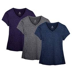 icyzone Damen Sport Fitness T-Shirt Kurzarm V-Ausschnitt Laufshirt Shortsleeve Yoga Top 3er Pack (M, Royal Blue/Purple/Charcoal/) von icyzone