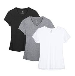 icyzone Damen Sport Fitness T-Shirt Kurzarm V-Ausschnitt Laufshirt Shortsleeve Yoga Top 3er Pack (S, Black/Gray/White) von icyzone