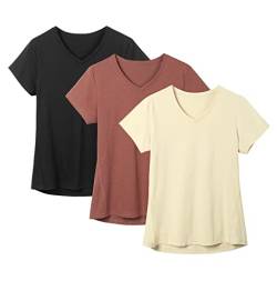 icyzone Damen Sport Fitness T-Shirt Kurzarm V-Ausschnitt Laufshirt Shortsleeve Yoga Top 3er Pack (XL, Black/Cream White/Brick) von icyzone