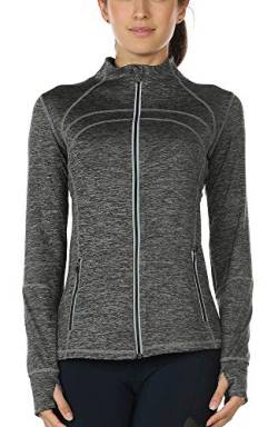 icyzone Damen Sport Jacke Laufjacke Trainingsjacke voll Reißverschluss Laufshirt Langarm mit Daumenloch (L, Charcoal) von icyzone