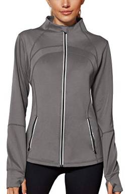 icyzone Damen Sport Jacke Laufjacke Trainingsjacke voll Reißverschluss Laufshirt Langarm mit Daumenloch (S, Grey) von icyzone