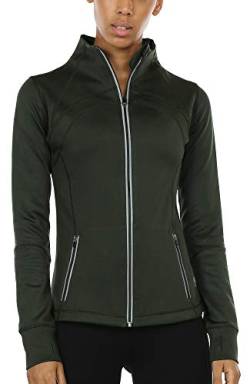 icyzone Damen Sport Jacke Laufjacke Trainingsjacke voll Reißverschluss Laufshirt Langarm mit Daumenloch (XL, Army) von icyzone