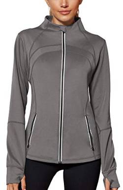 icyzone Damen Sport Jacke Laufjacke Trainingsjacke voll Reißverschluss Laufshirt Langarm mit Daumenloch (XL, Grey) von icyzone