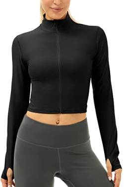 icyzone Damen Sport Langarmshirt Full Reißverschluss Fitness Yoga Crop Top Langarm Sportshirt Laufshirt mit Daumenloch (L, Black) von icyzone