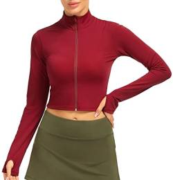 icyzone Damen Sport Langarmshirt Full Reißverschluss Fitness Yoga Crop Top Langarm Sportshirt Laufshirt mit Daumenloch (M, Wine) von icyzone