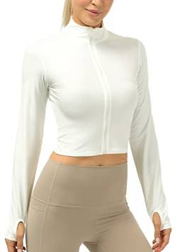 icyzone Damen Sport Langarmshirt Full Reißverschluss Fitness Yoga Crop Top Langarm Sportshirt Laufshirt mit Daumenloch (S, Off White) von icyzone