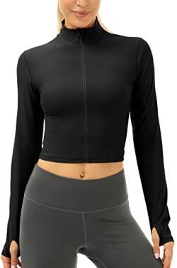 icyzone Damen Sport Langarmshirt Full Reißverschluss Fitness Yoga Crop Top Langarm Sportshirt Laufshirt mit Daumenloch (XL, Black) von icyzone