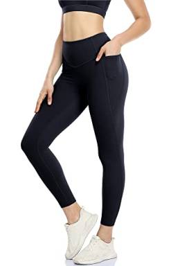 icyzone Damen Sport Leggings 7/8 Hohe Taille Yoga Sport Hose Gym Fitness Leggins mit Tasche (L, Schwarz*) von icyzone