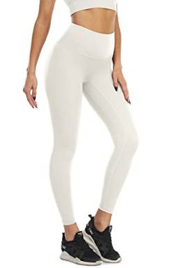 icyzone Damen Sport Leggings Blickdicht 7/8 Sporthose High Waist Yoga Hose Fitness Leggins (M, Cream White) von icyzone