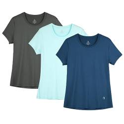 icyzone Damen Sport Shirt Kurzarm Fitness Gym T-Shirt Atmungsaktive Laufshirt Sport Oberteile, 3er Pack (L, Dark Grey/True Navy/Aqua) von icyzone