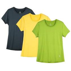 icyzone Damen Sport Shirt Kurzarm Fitness Gym T-Shirt Atmungsaktive Laufshirt Sport Oberteile, 3er Pack (XXL, Ombre Blue/Spectra Yellow/Green Glow) von icyzone