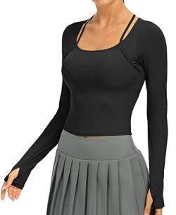icyzone Damen Sport Shirt Langarm, Yoga Crooped Top mit Integriertem BH, Geripptes Langarmshirts (L, Black) von icyzone