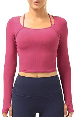 icyzone Damen Sport Shirt Langarm, Yoga Crooped Top mit Integriertem BH, Geripptes Langarmshirts (L, Pink Lychee) von icyzone
