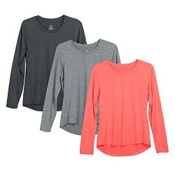 icyzone Damen Sport Shirt Langarm 3er Pack Atmungsaktive Laufshirt Funktionsshirt für Gym Fitness (Black Melange/Charcoal/Coral, XL) von icyzone