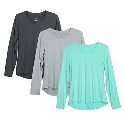 icyzone Damen Sport Shirt Langarm 3er Pack Atmungsaktive Laufshirt Funktionsshirt für Gym Fitness (Black Melange/Grey/Ice Green, L) von icyzone