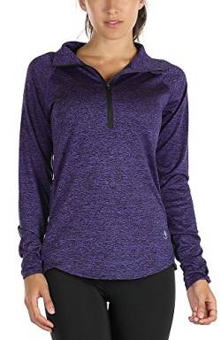 icyzone Damen Sport Shirt Langarm Laufshirt 1/2 Reißverschluss Fitness Yoga Langarmshirts (M, Purple) von icyzone