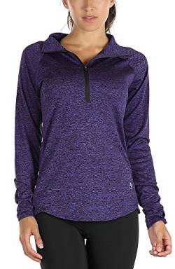 icyzone Damen Sport Shirt Langarm Laufshirt 1/2 Reißverschluss Fitness Yoga Langarmshirts (XL, Purple) von icyzone