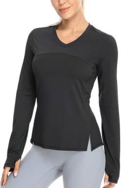 icyzone Damen Sport Shirt Langarm V-Ausschnitt Laufshirt Atmungsaktive Langarmshirt Fitness Yoga Top mit Daumenloch (Black, S) von icyzone