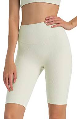 icyzone Damen Sport Shorts Hohe Taille Radlerhose Kurze Leggings Gerippte Biker Yoga Gym Shorts 10" (Cream White, M) von icyzone