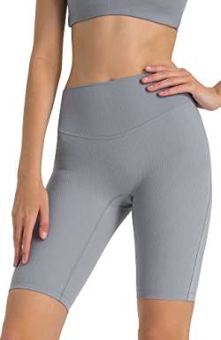 icyzone Damen Sport Shorts Hohe Taille Radlerhose Kurze Leggings Gerippte Biker Yoga Gym Shorts 10" (Grey, S) von icyzone