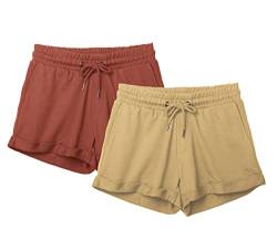 icyzone Damen Sport Shorts Kurze Sporthose Jogginghose Atmungsaktiv Laufshorts Gym Fitness Shorts 2er Pack (S, Khaki/Copper Brown) von icyzone