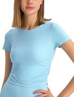icyzone Damen Sport T-Shirt Gerippte Fitness Casual Kurzarm Shirt Atmungsaktiv Yoga Top Cropped Laufshirt (Baby Blue, S) von icyzone