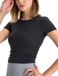 icyzone Damen Sport T-Shirt Gerippte Fitness Casual Kurzarm Shirt Atmungsaktiv Yoga Top Cropped Laufshirt (Black, S) von icyzone