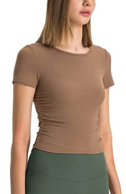 icyzone Damen Sport T-Shirt Gerippte Fitness Casual Kurzarm Shirt Atmungsaktiv Yoga Top Cropped Laufshirt (Brown, L) von icyzone