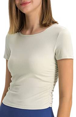 icyzone Damen Sport T-Shirt Gerippte Fitness Casual Kurzarm Shirt Atmungsaktiv Yoga Top Cropped Laufshirt (Cream White, L) von icyzone