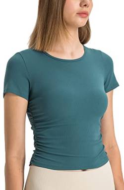 icyzone Damen Sport T-Shirt Gerippte Fitness Casual Kurzarm Shirt Atmungsaktiv Yoga Top Cropped Laufshirt (Green Jasper, M) von icyzone