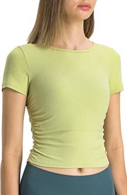 icyzone Damen Sport T-Shirt Gerippte Fitness Casual Kurzarm Shirt Atmungsaktiv Yoga Top Cropped Laufshirt (Wasabi, M) von icyzone