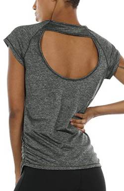 icyzone Damen Sport T-Shirt Kurzarm Laufshirt Rückenfrei Fitness Oberteile Gym Yoga Top (L, Charcoal) von icyzone