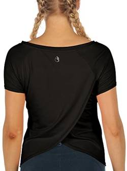 icyzone Damen Sport T-Shirt Kurzarm Yoga Top Schnell Trocken Elastisch Fitness Gym Oberteile (M, Black) von icyzone