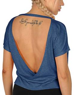 icyzone Damen Sport T-Shirt Rückenfrei Kurzarm Shirt Loose Casual Oberteile Yoga Top (M, Denim Blau) von icyzone