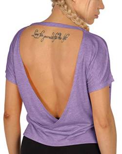 icyzone Damen Sport T-Shirt Rückenfrei Kurzarm Shirt Loose Casual Oberteile Yoga Top (M, Lavendel) von icyzone